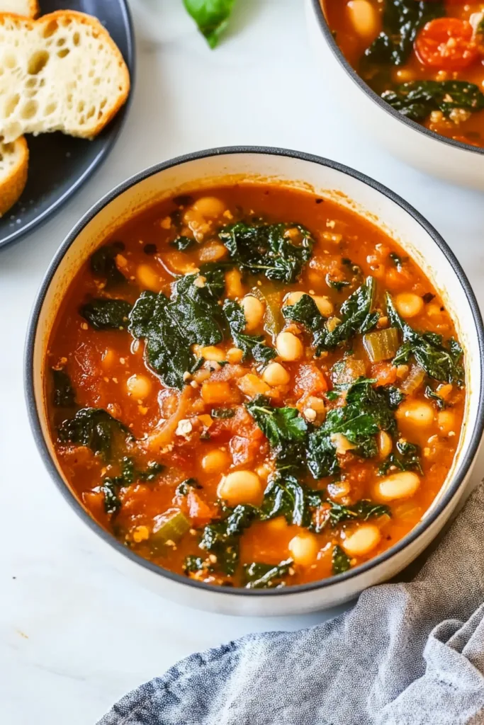 Close-up of rustic bean and vegetable soup served with crusty bread.