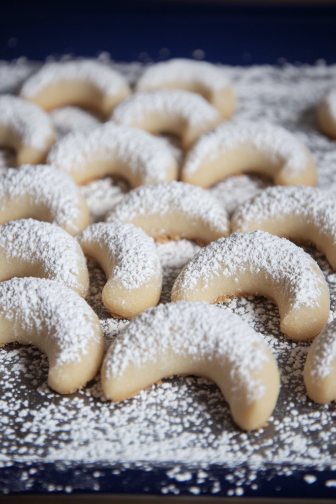 Powdered sugar–covered crescents stacked together, highlighting their light golden color.