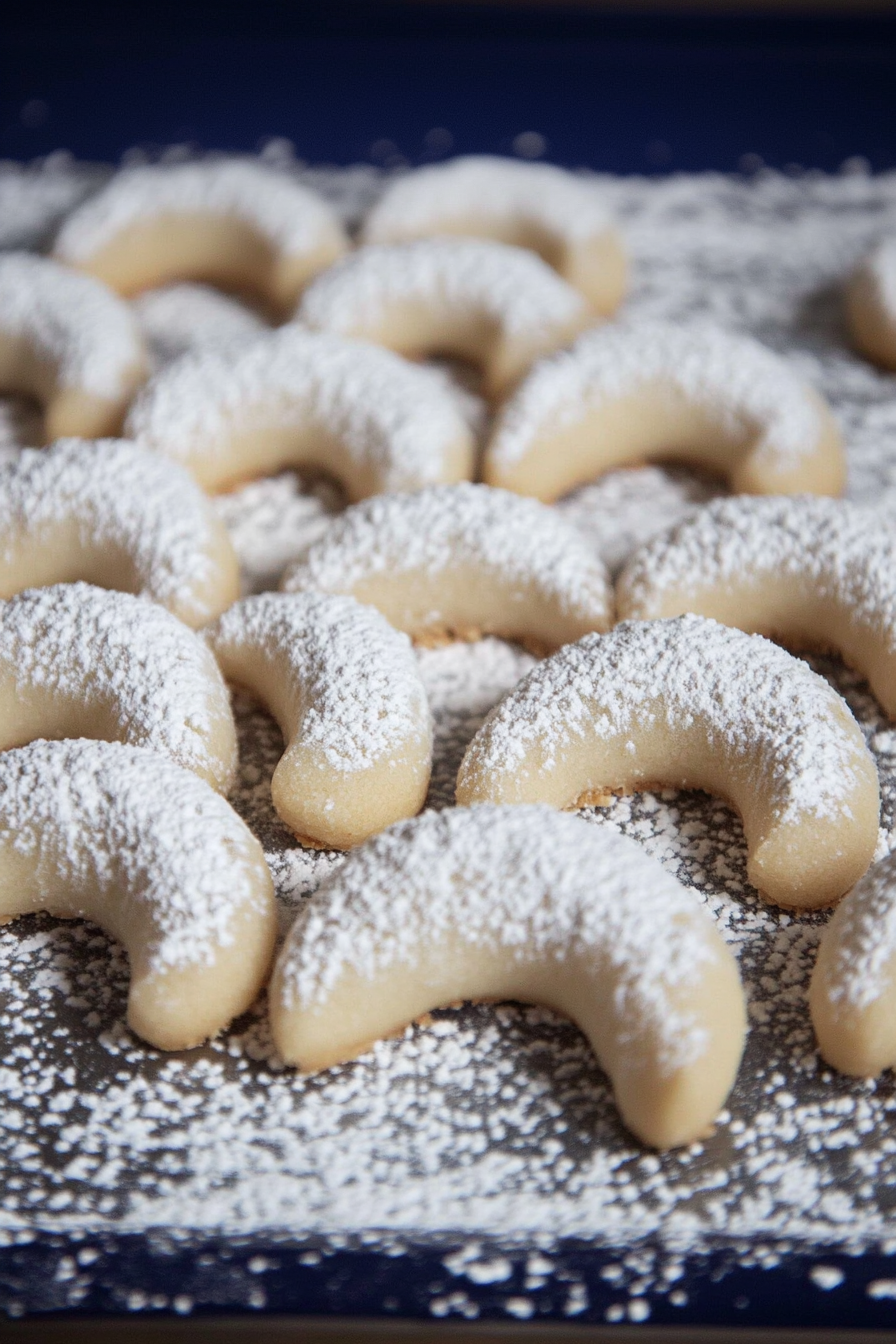 Powdered sugarโcovered crescents stacked together, highlighting their light golden color.