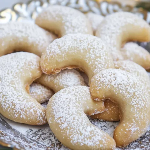 Close-up of delicate crescent cookies showing their soft texture and sugar coating.