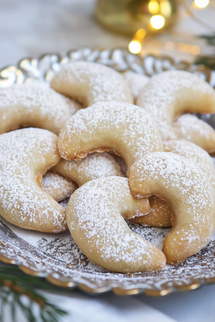 Close-up of delicate crescent cookies showing their soft texture and sugar coating.