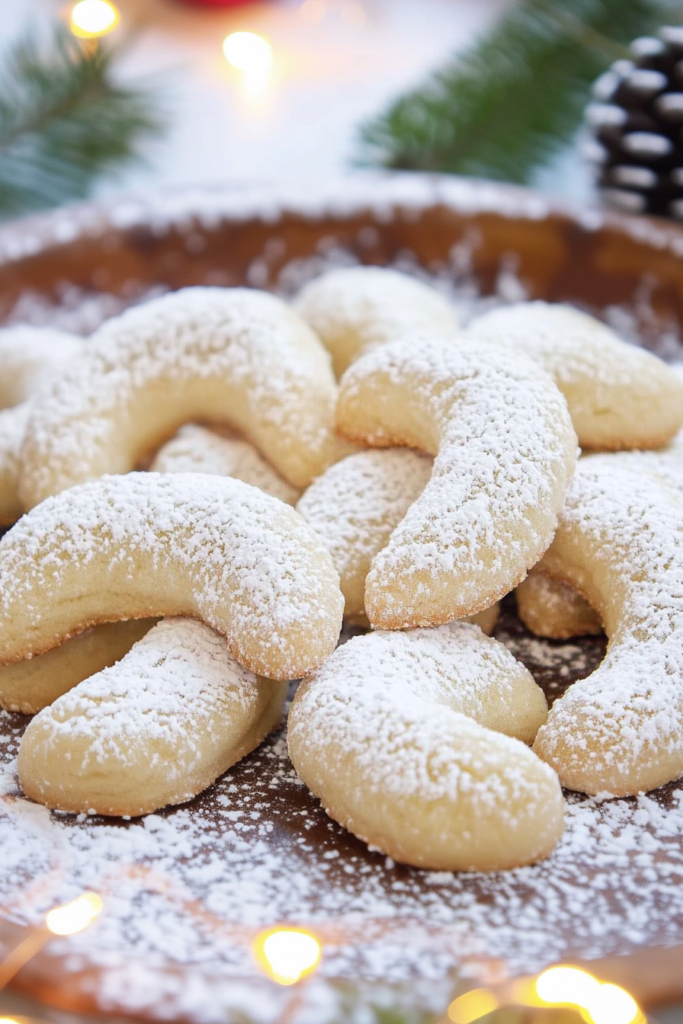 Plate of traditional holiday cookies surrounded by evergreen branches and warm lights.