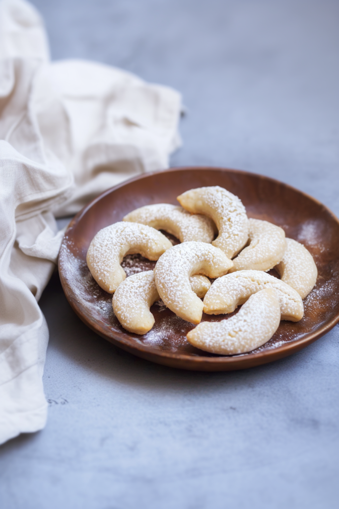 Crescent-shaped cookies dusted generously with powdered sugar on a festive plate.