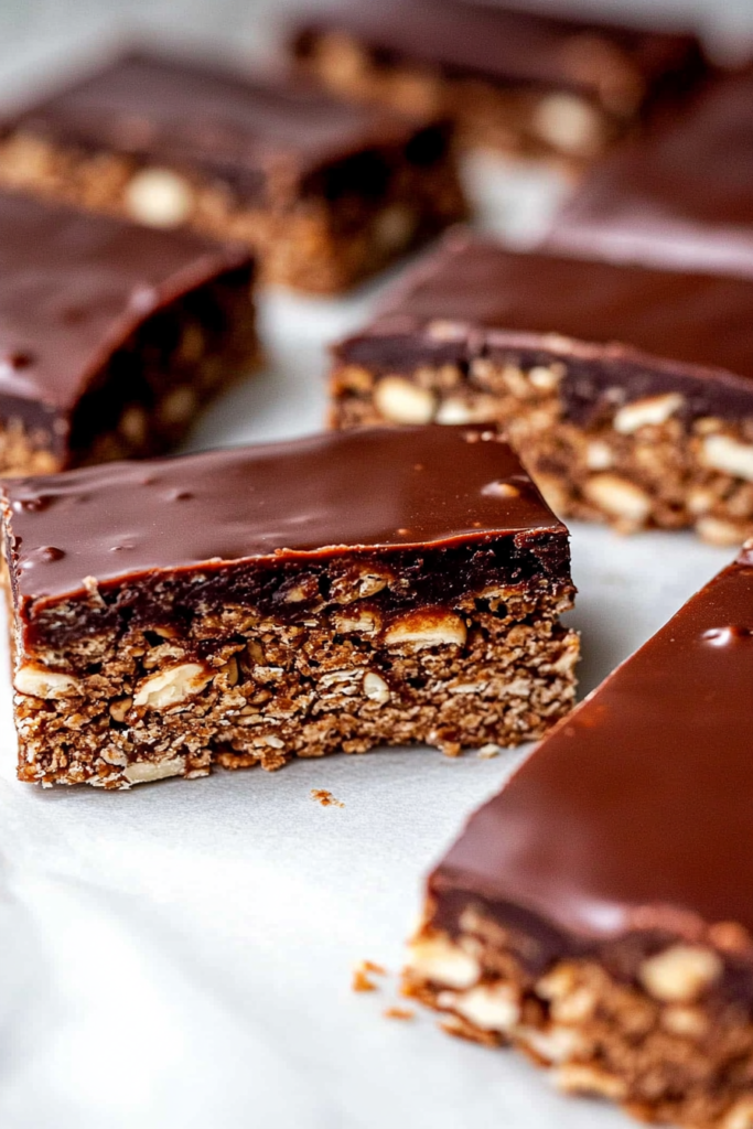 Rectangular bars with a glossy chocolate topping, neatly arranged on a white surface.