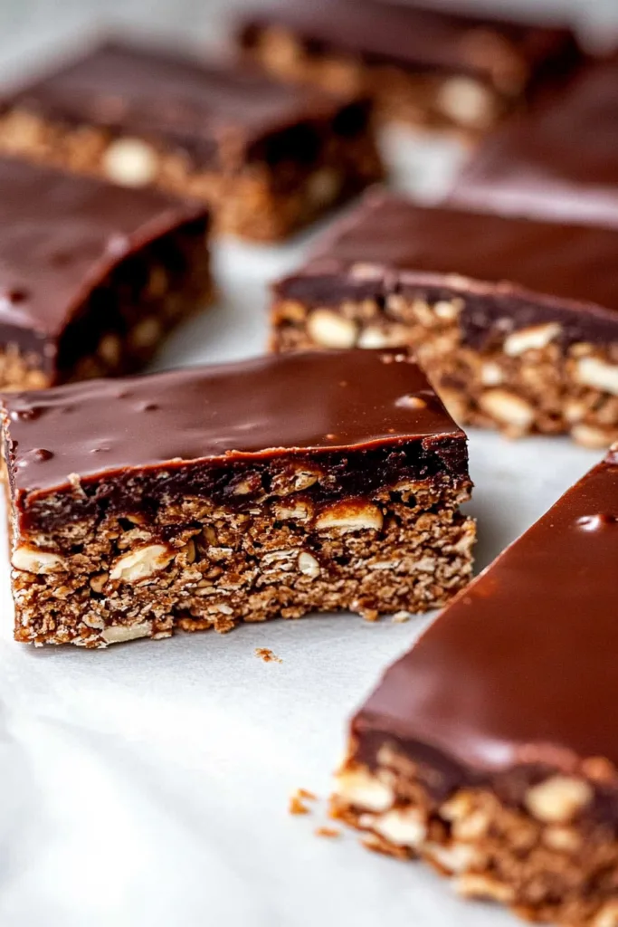 Rectangular bars with a glossy chocolate topping, neatly arranged on a white surface.