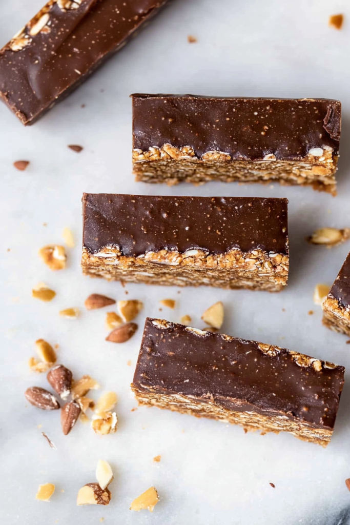 Cleanly sliced bars with crunchy layers and a glossy chocolate finish.