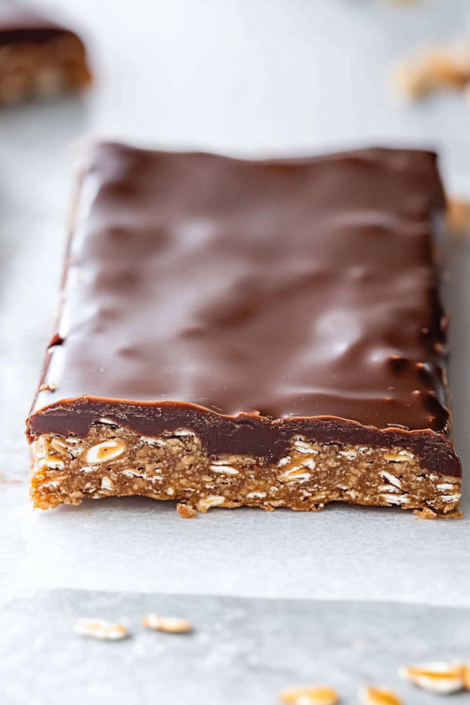 Rich chocolate-covered bars with a hearty oat and nut filling.