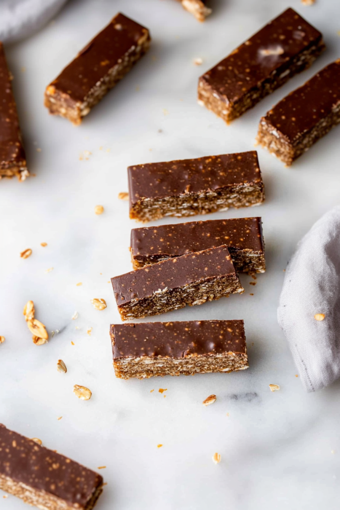 Cut protein bars revealing seeds and oats inside, topped with rich chocolate.