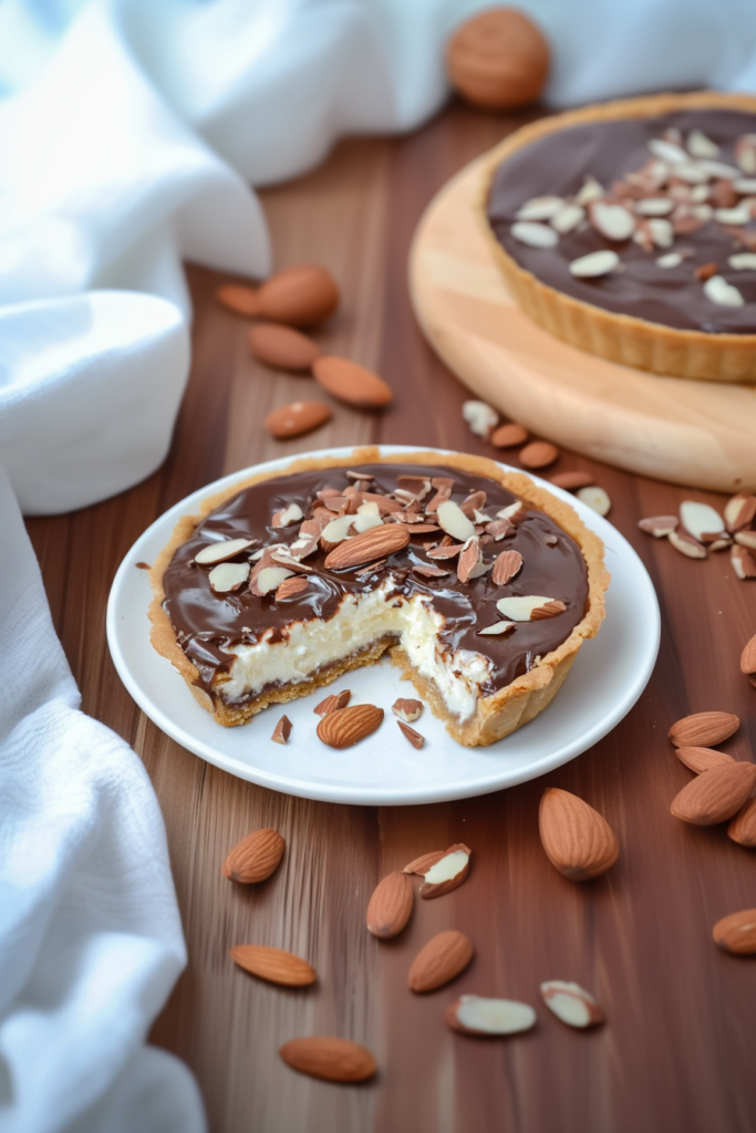 Elegant tart surrounded by scattered almonds, highlighting contrast between dark chocolate and light nuts.
