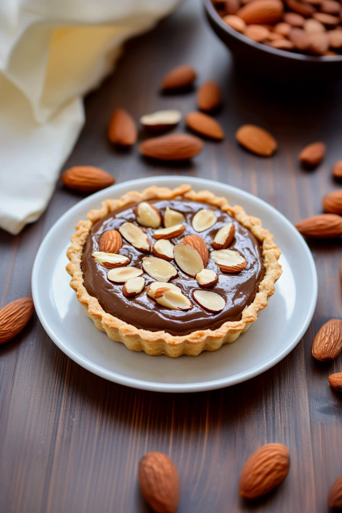 Glossy chocolate tart topped with sliced almonds, served on a white plate with rustic accents.