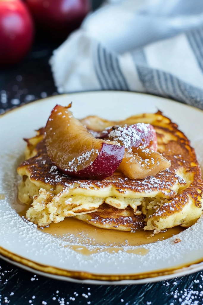 Fluffy baked pancake topped with caramelized apples, powdered sugar, and syrup