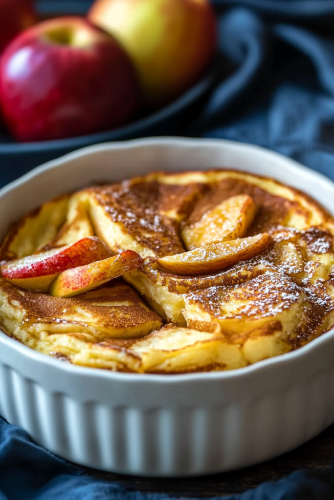 Rustic breakfast dish with soft pancake layers and sweet cooked apples on top