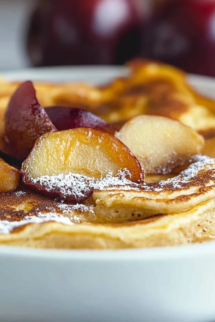 Homemade baked pancake with cinnamon apples and a light sprinkle of powdered sugar