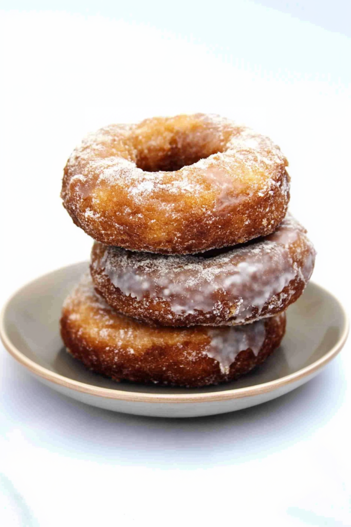 Sugar-coated doughnuts stacked on a plate with a soft, fluffy interior