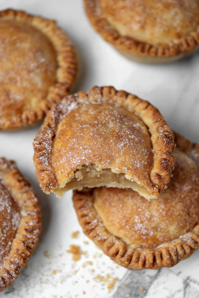 Batch of small baked pies highlighting crisp crusts and warm fruit filling.