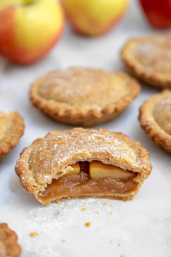 Rustic dessert presentation showing flaky pastry shells and caramelized apple center.