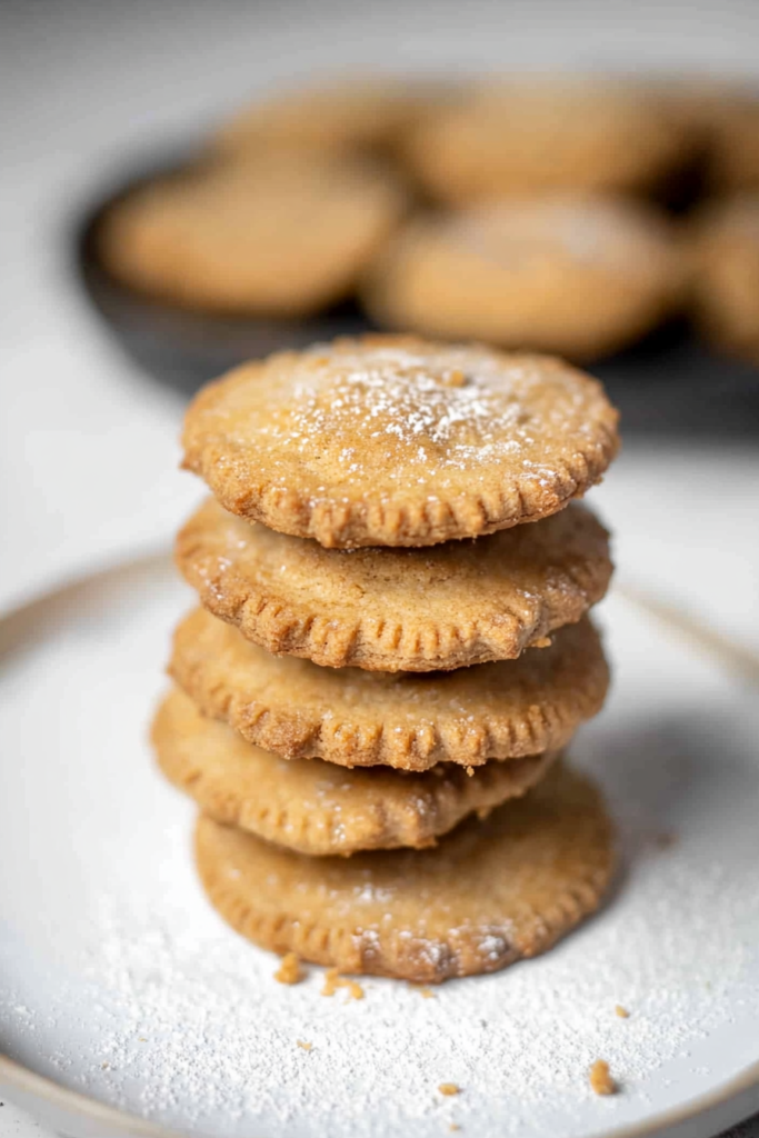 Stack of golden-brown pastries with crimped edges, lightly dusted with powdered sugar.
