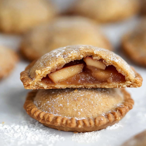 Golden-brown hand pies with flaky crust, dusted with powdered sugar and filled with spiced apples.