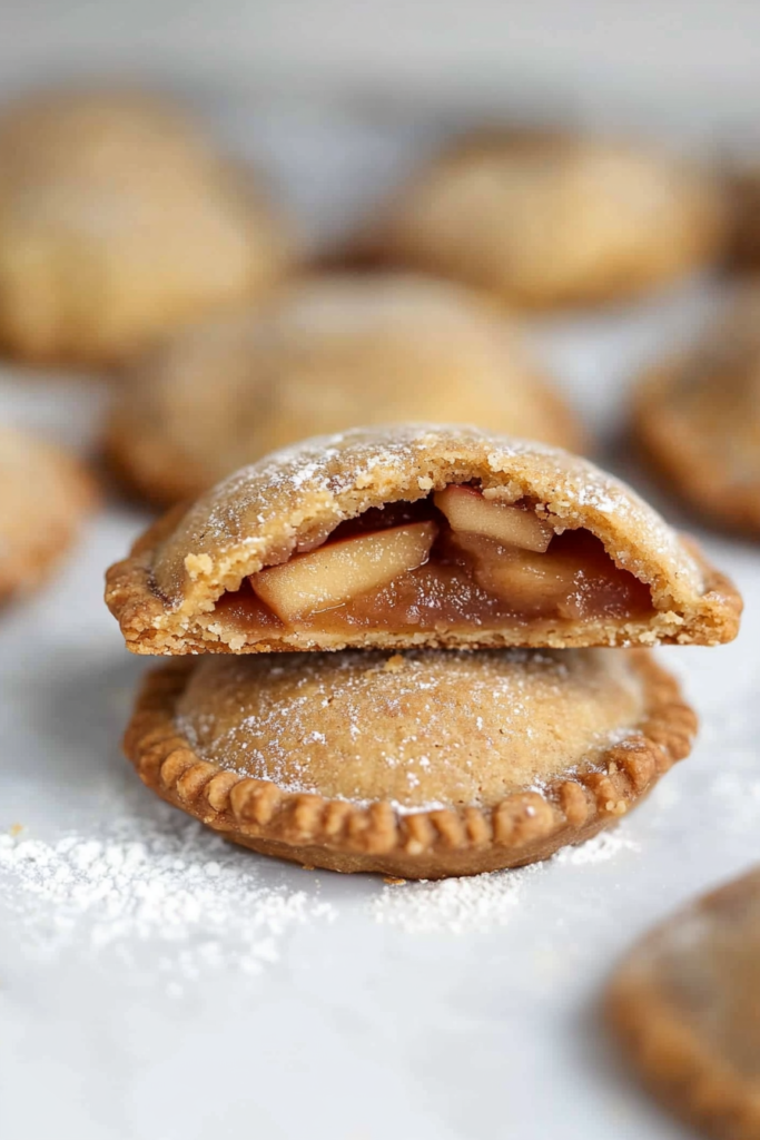 Golden-brown hand pies with flaky crust, dusted with powdered sugar and filled with spiced apples.