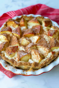 Golden-brown pie with chunks of red-skinned apples dusted in cinnamon and powdered sugar.