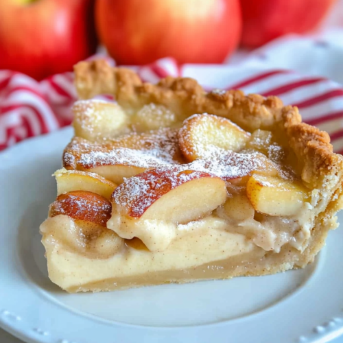 Slice of golden pie with creamy apple filling, topped with thin apple slices and powdered sugar.
