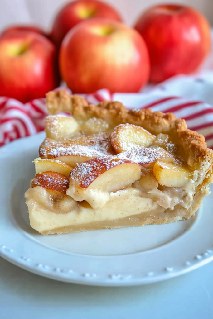 Slice of golden pie with creamy apple filling, topped with thin apple slices and powdered sugar.