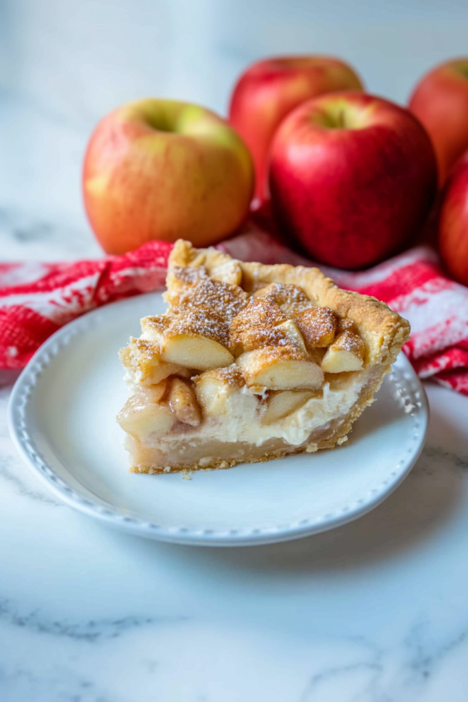 White plate holding a slice of apple dessert, surrounded by fresh red apples in the background.