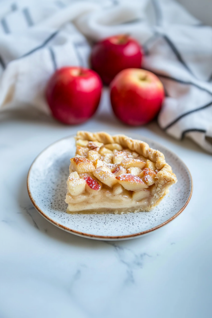 Rustic pie slice highlighting the contrast between crisp crust, creamy filling, and tender apples.