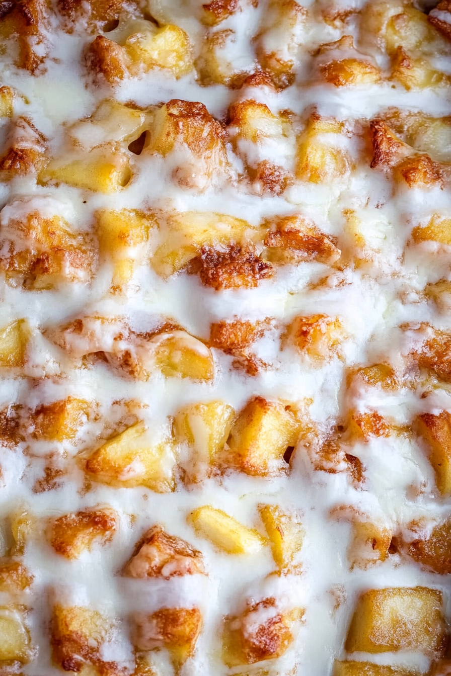 Close-up of apple-studded breakfast casserole showing crisp crust and glossy glaze