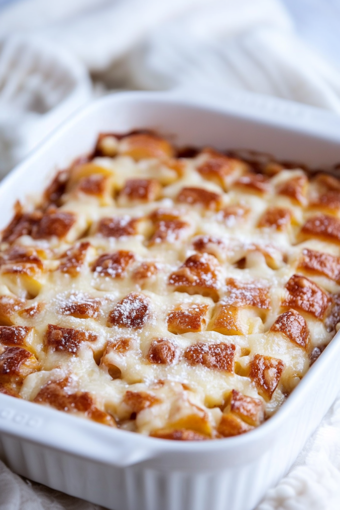 Golden-brown baked casserole drizzled with icing in a white ceramic dish