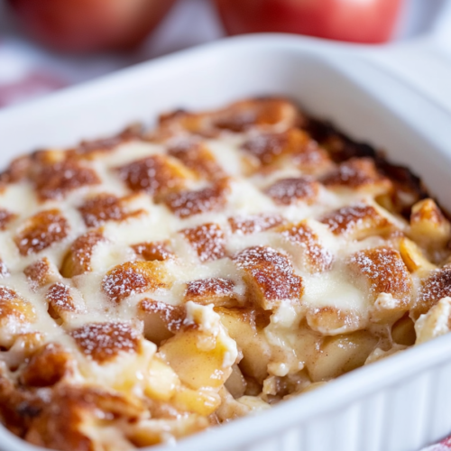 Freshly baked dessert in a casserole dish with apples blurred in the background