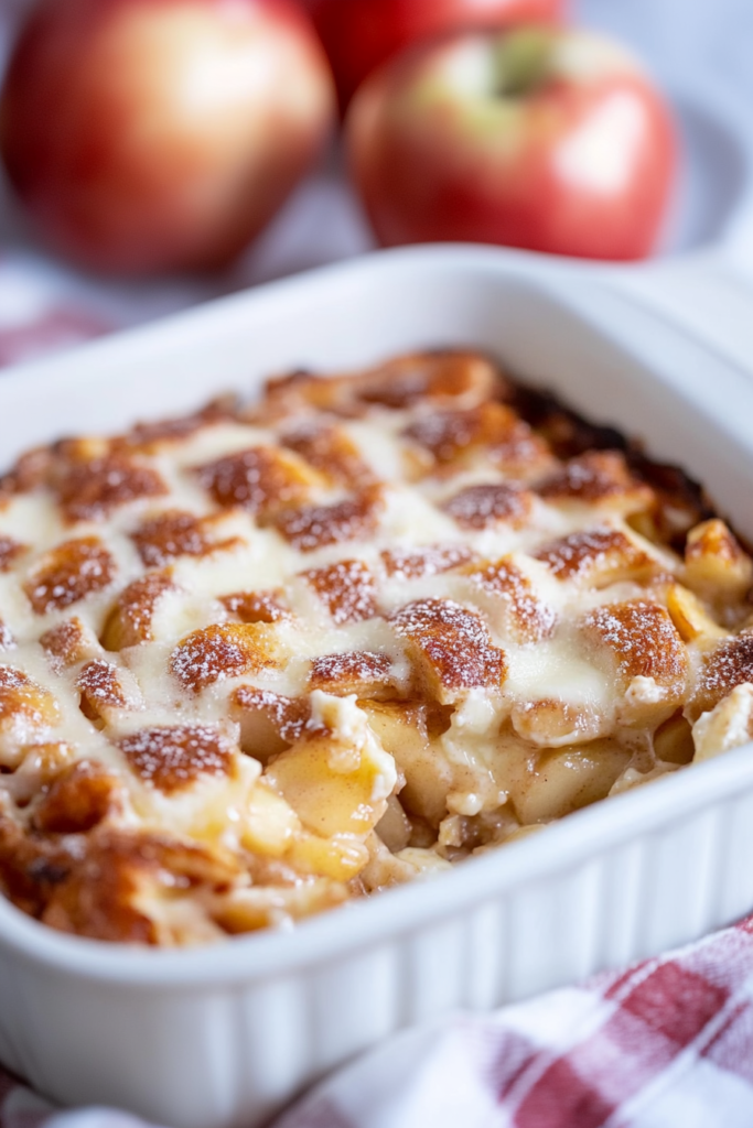 Freshly baked dessert in a casserole dish with apples blurred in the background