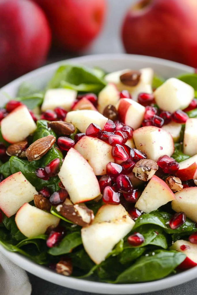 Light and refreshing salad with fresh fruit, nuts, and tender spinach leaves