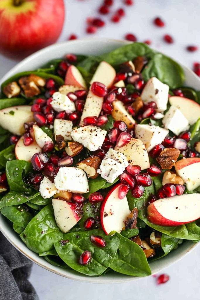 Fresh salad with chopped apples, pomegranate seeds, and pecans over leafy greens