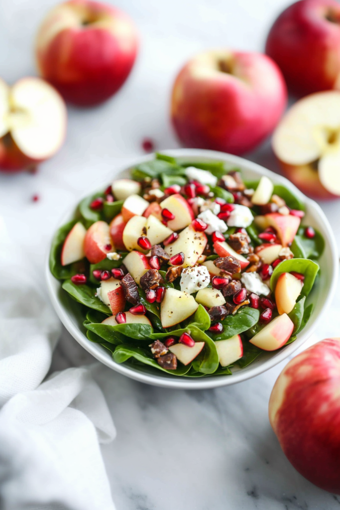 Bowl of mixed greens topped with apple chunks, crunchy nuts, and bright red seeds
