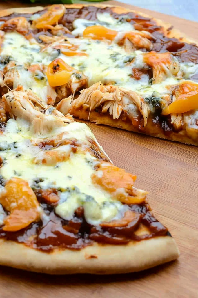 Rustic pizza on a wooden surface, layered with chicken, peppers, and rich melted cheese.
