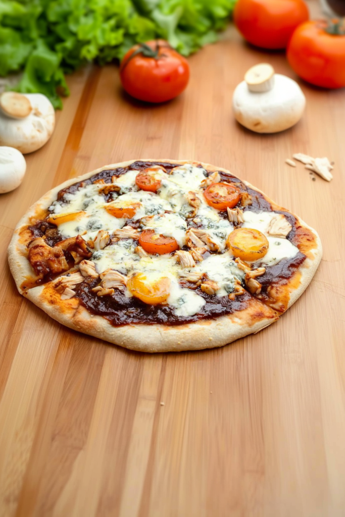 Golden crust pizza topped with melted cheese, chicken chunks, and a drizzle of dark sauce.