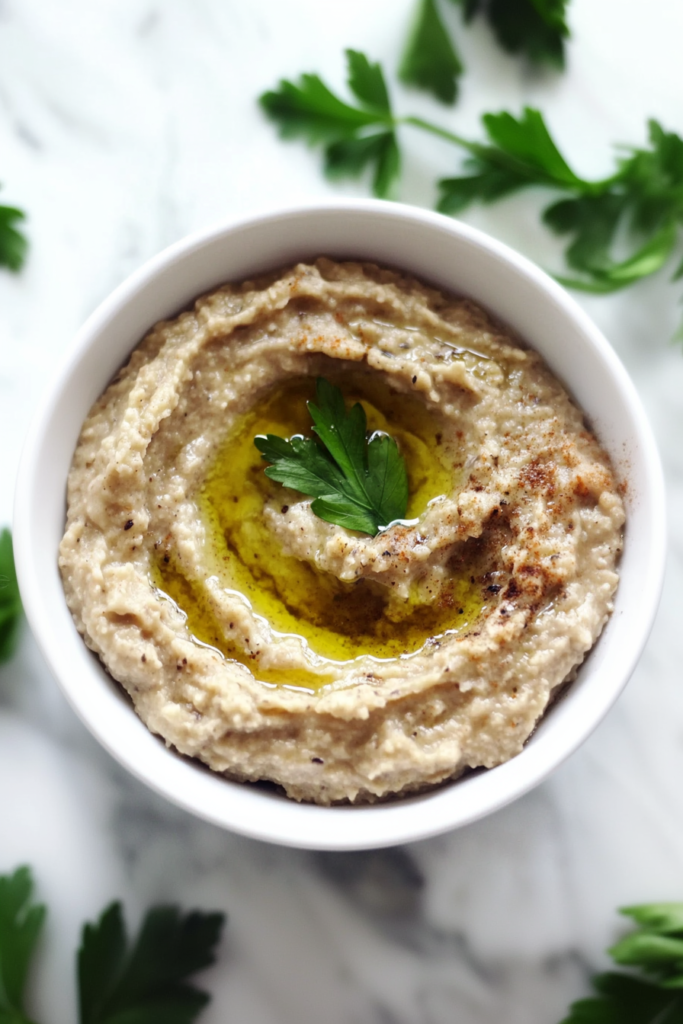 Creamy roasted eggplant dip topped with olive oil and fresh parsley