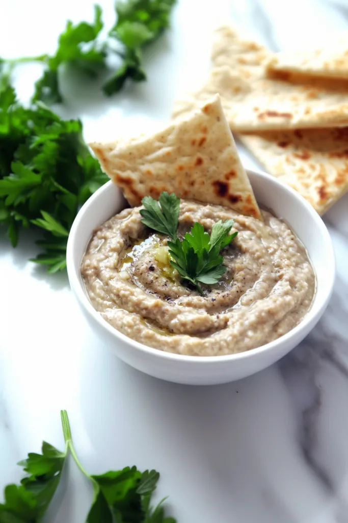 Golden drizzle of olive oil over velvety dip, paired with flatbread wedges.