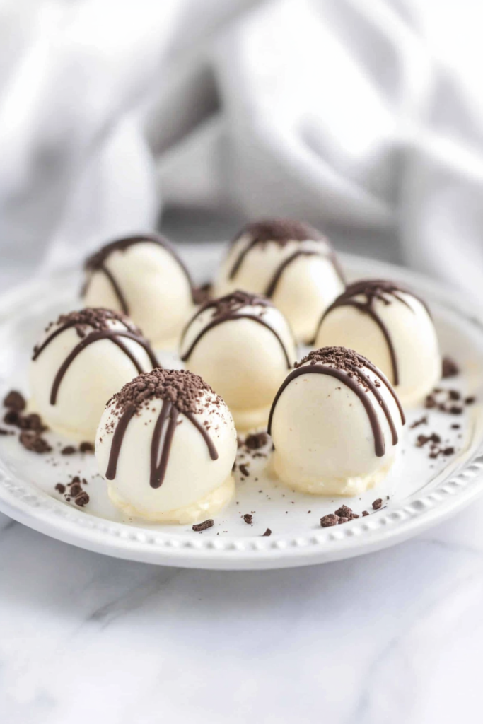 Elegant plate of Baileys Cheesecake Balls, showcasing smooth texture and rich chocolate accents.
