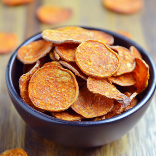 Crispy, thin orange chips piled in a rustic wooden bowl with a few scattered around.