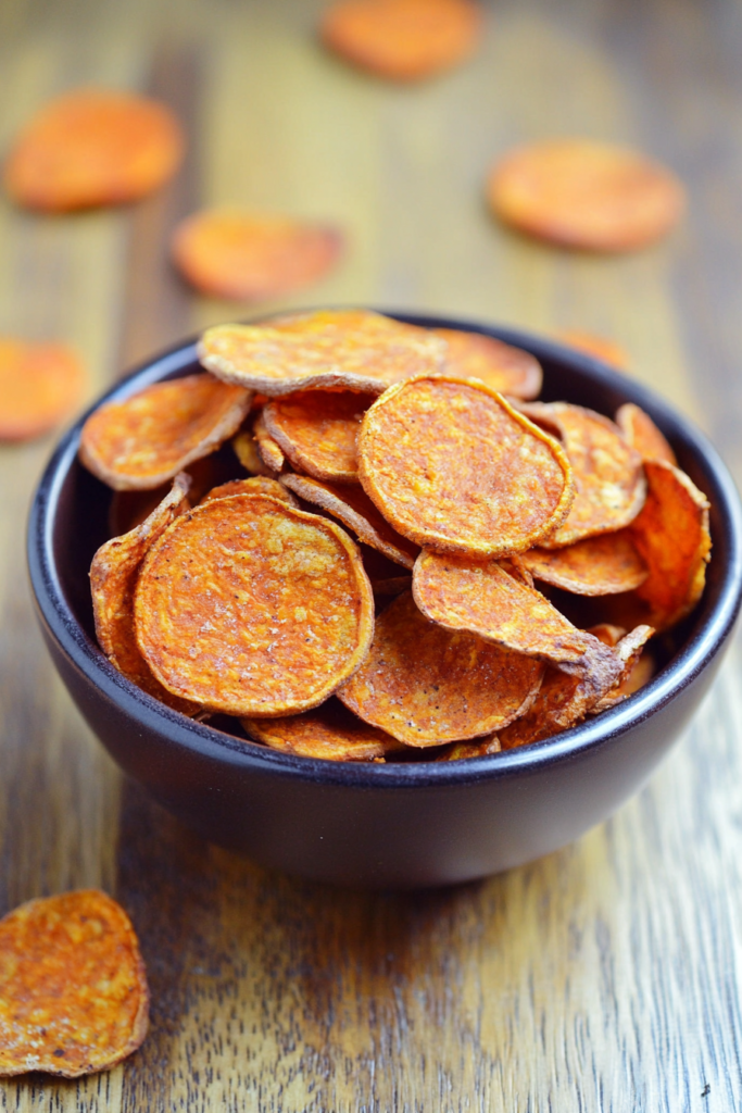 Crispy, thin orange chips piled in a rustic wooden bowl with a few scattered around.