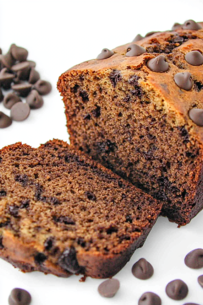 Soft banana coffee bread with melty chocolate chips scattered around the loaf