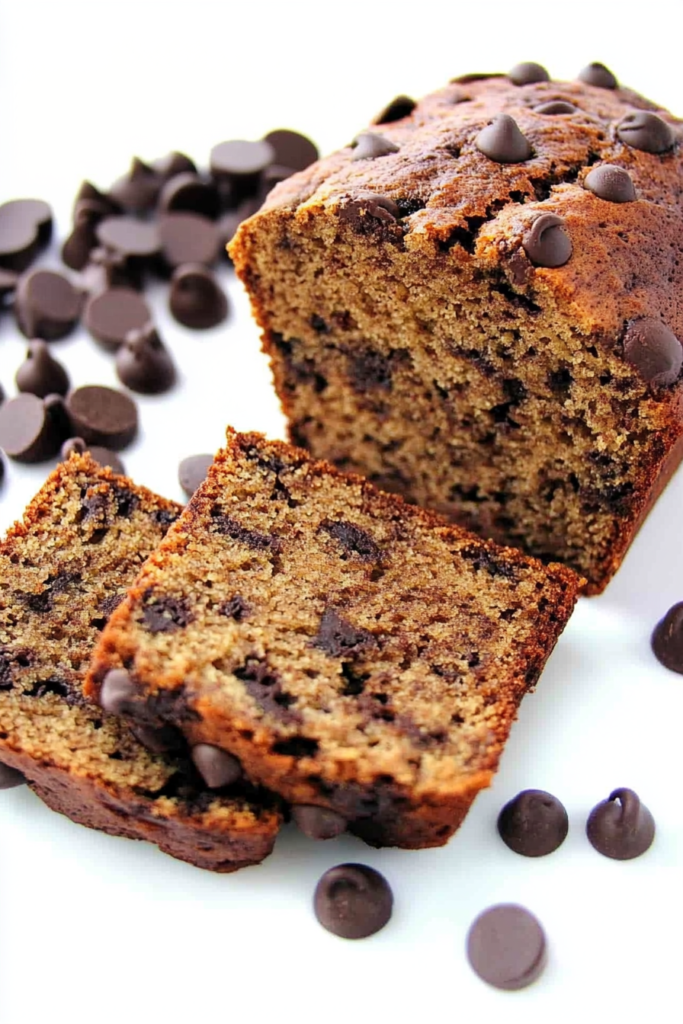 Freshly baked banana loaf topped with chocolate chips and served sliced