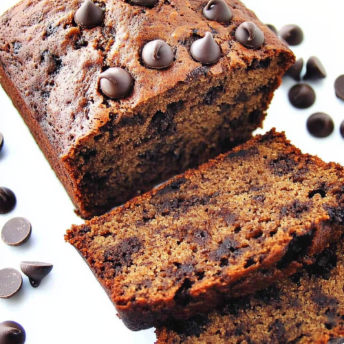 Homemade quick bread with chocolate chips and tender crumb, cut into thick slices
