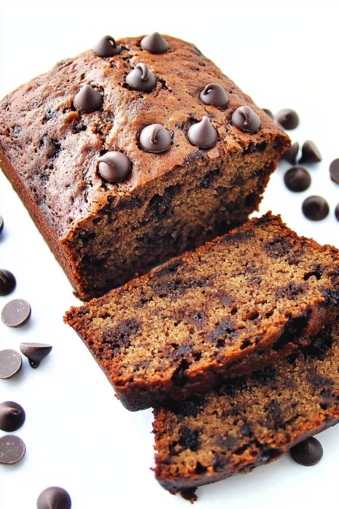 Homemade quick bread with chocolate chips and tender crumb, cut into thick slices