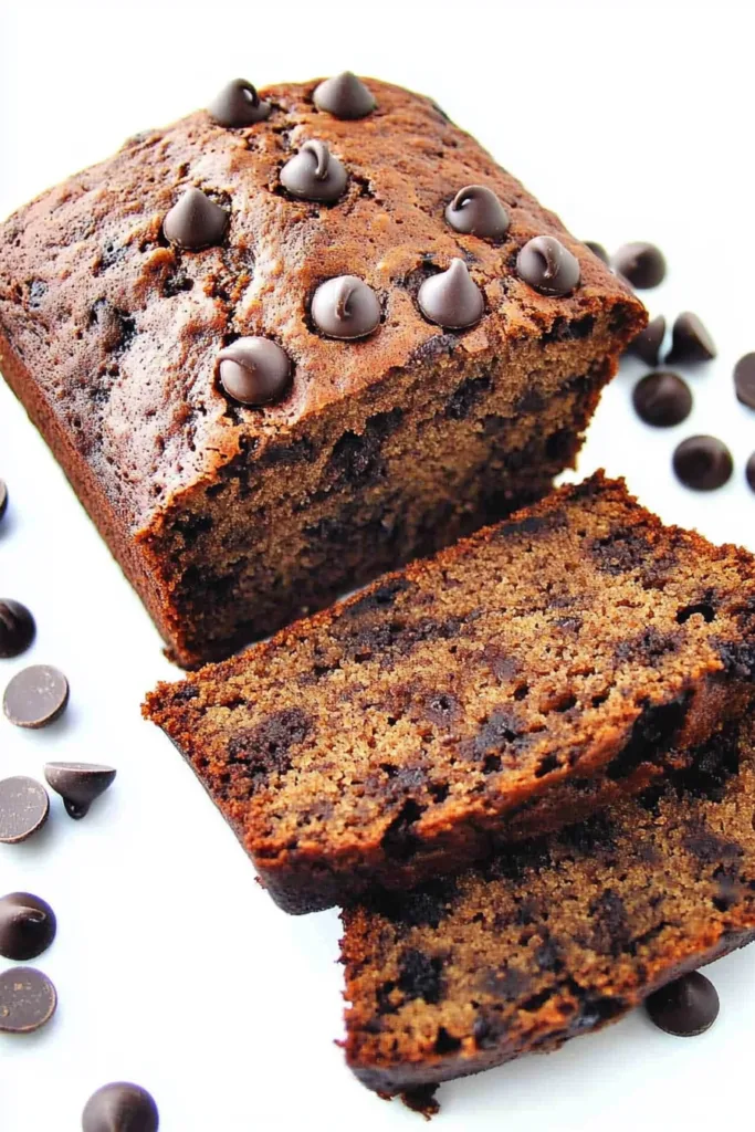 Homemade quick bread with chocolate chips and tender crumb, cut into thick slices