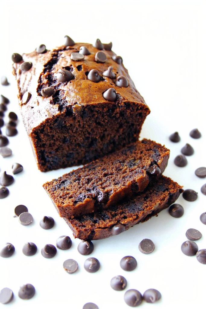 Moist banana bread loaf sliced and filled with chocolate chips on a white background