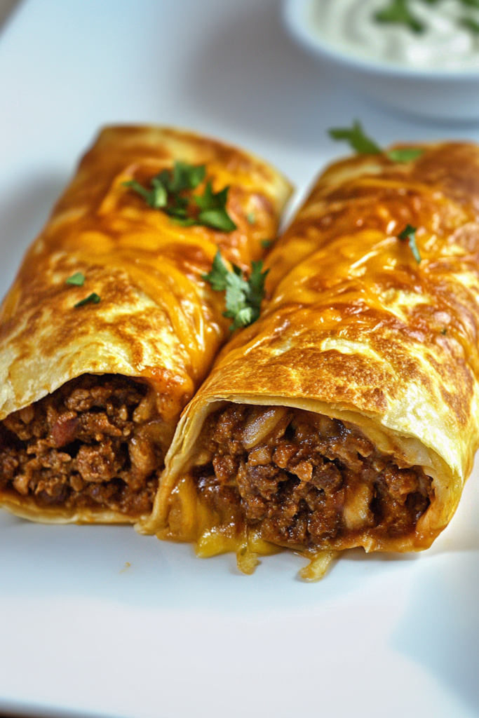 Golden tortillas smothered in reddish-brown sauce with creamy topping and fresh herbs