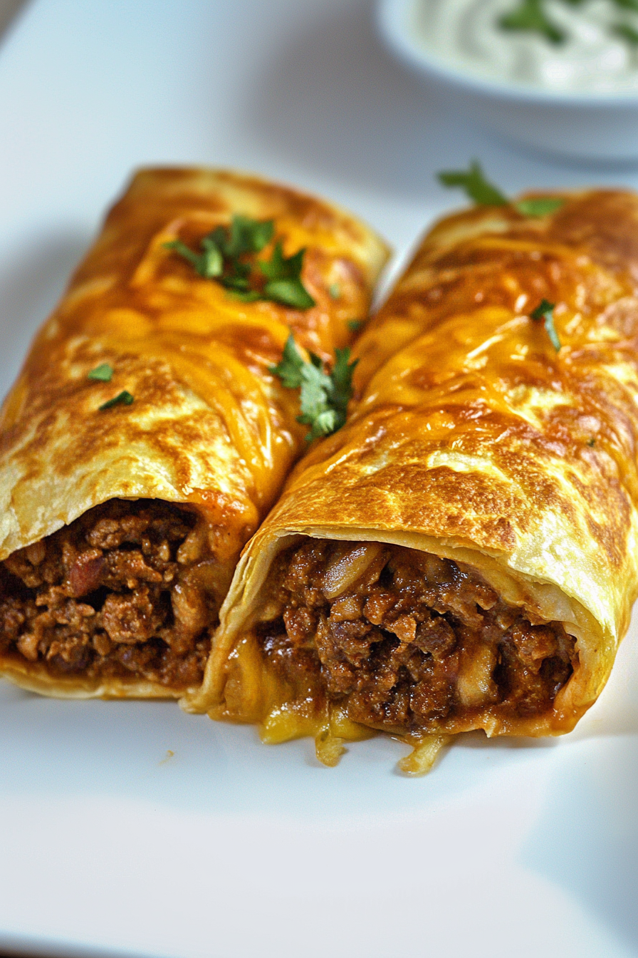 Golden tortillas smothered in reddish-brown sauce with creamy topping and fresh herbs